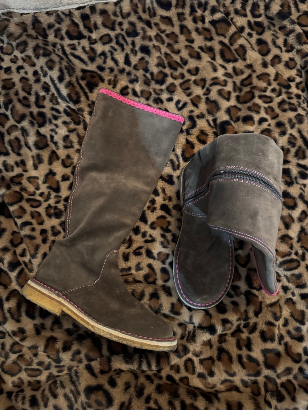 Camper Brown Suede Over-the-Knee Boots with Pink Trim